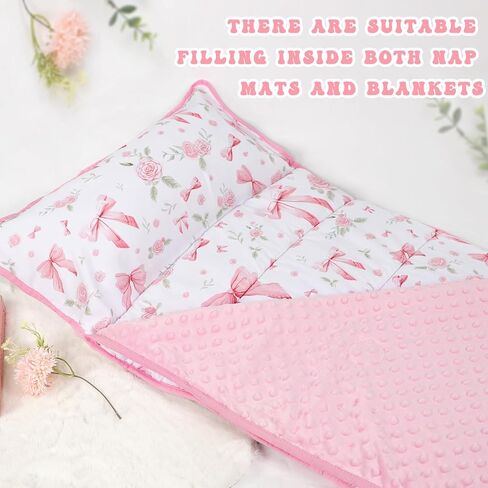 Toddler Nap Mat with Pillow and Plush Blanket, Kids Sleeping Bags for Preschool Daycare, Slumber Bags for Girls Boys Ages 3-7 Years, 55'' x 23'', Pink Rose in Kuwait