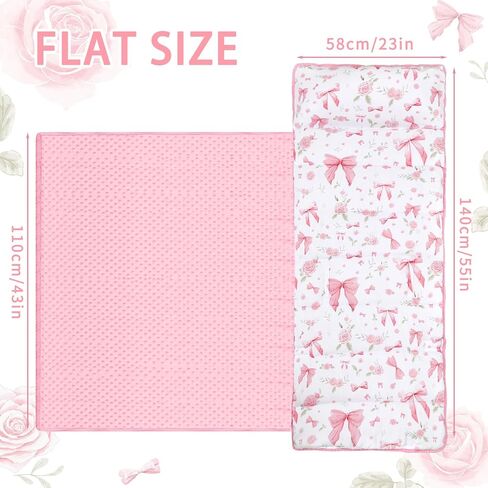 Toddler Nap Mat with Pillow and Plush Blanket, Kids Sleeping Bags for Preschool Daycare, Slumber Bags for Girls Boys Ages 3-7 Years, 55'' x 23'', Pink Rose in Kuwait