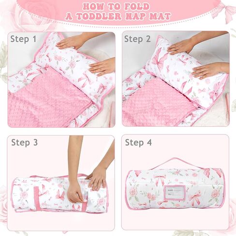 Toddler Nap Mat with Pillow and Plush Blanket, Kids Sleeping Bags for Preschool Daycare, Slumber Bags for Girls Boys Ages 3-7 Years, 55'' x 23'', Pink Rose in Kuwait