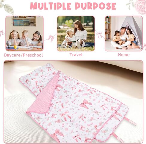 Toddler Nap Mat with Pillow and Plush Blanket, Kids Sleeping Bags for Preschool Daycare, Slumber Bags for Girls Boys Ages 3-7 Years, 55'' x 23'', Pink Rose in Kuwait