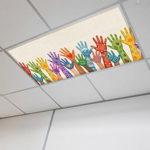 Fluorescent Light Covers, Colorful Hands Print Magnetic Light Covers for Ceiling Lights, Cartoon Cute Funny Beige on Linen Fluorescent Ceiling Shade Filters for Classroom Bedroom Office 4x2Ft x 2PCS in Kuwait