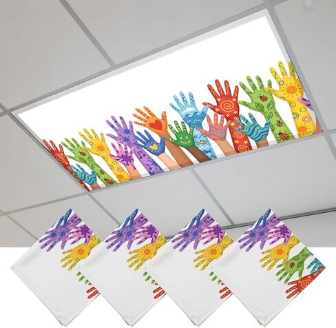 Fluorescent Light Covers, Colorful Hands Print Magnetic Light Covers for Ceiling Lights, Cartoon Cute Funny White Fluorescent Ceiling Shade Filters for Classroom Bedroom Office 4x2Ft x 3PCS in Kuwait