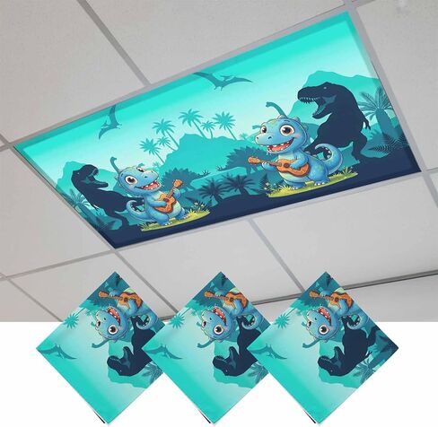 Fluorescent Light Covers, Funny Dinosaur Magnetic Light Covers for Ceiling Lights, Playing Guitar Palm Tropical Fern Silhouette Fluorescent Ceiling Shade for Classroom Bedroom Office 4x2Ft x 2PCS in Kuwait