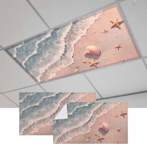 Fluorescent Light Covers, Nautical Coastal Magnetic Light Covers for Ceiling Lights, Summer Beach Waves Starfish Conch Pearl Pink Fluorescent Ceiling Shade for Classroom Bedroom Office 4x2Ft x 3PCS in Kuwait