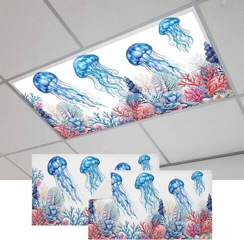 Fluorescent Light Covers, Coastal Jellyfish Magnetic Light Covers for Ceiling Lights, Summer Ocean Sea Coral Animals Watercolor Fluorescent Ceiling Shade for Classroom Bedroom Office 4x2Ft x 1PCS in Kuwait