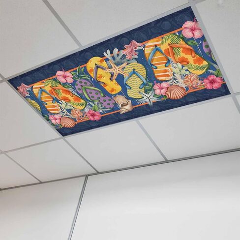 Fluorescent Light Covers, Nautical Coastal Magnetic Light Covers for Ceiling Lights, Ocean Flip Flops Coral Starfish Flowers Blue Fluorescent Ceiling Shade for Classroom Bedroom Office 4x2Ft x 3PCS in Kuwait