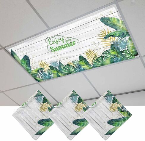 Fluorescent Light Covers, Tropical Leaves Magnetic Light Covers for Ceiling Lights, Monsteral Palm Leaves Summer Plants Wooden Gray Fluorescent Ceiling Shade for Classroom Bedroom Office 4x2Ft x 3PCS in Kuwait