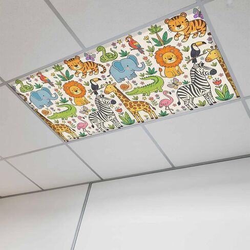 Fluorescent Light Covers, Cartoon Animals Magnetic Light Covers for Ceiling Lights, Cute Funny Botanical Zebra Giraffe Black Fluorescent Ceiling Shade Filters for Classroom Bedroom Office 4x2Ft x 3PCS in Kuwait