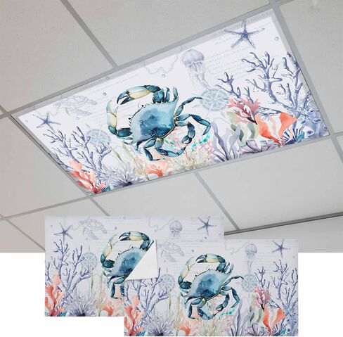 Fluorescent Light Covers, Coastal Animals Magnetic Light Covers for Ceiling Lights, Summer Ocean Crab Turtle Coral Jellyfish Blue Fluorescent Ceiling Shade for Classroom Bedroom Office 4x2Ft x 3PCS in Kuwait
