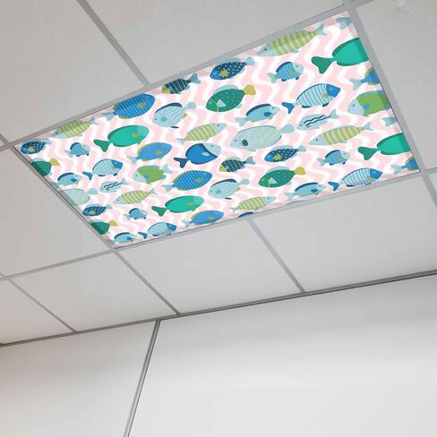 Fluorescent Light Covers, Pink Fishes Magnetic Light Covers for Ceiling Lights, Cartoon Coastal Ocean Fish Striped Fluorescent Ceiling Shade Filters for Classroom Bedroom Office 4x2Ft x 1PCS in Kuwait
