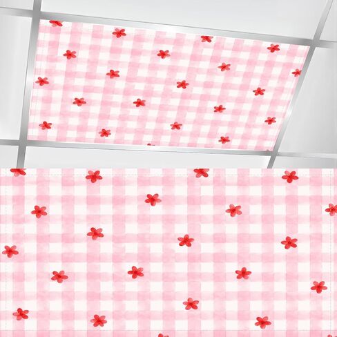 6 Pcs Fluorescent Light Covers for Ceiling Lights Pink Gingham Red Stars Cute Playful Textile Design Magnetic Light Filters Decorative for Classroom Office Hospital Home 4x2 Ft in Kuwait
