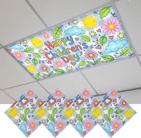 Fluorescent Light Covers, Children's Day Magnetic Light Covers for Ceiling Lights, Cartoon Cute Flowers Leaf Blue Plaid Fluorescent Ceiling Shade Filters for Classroom Bedroom Office 4x2Ft x 1PCS in Kuwait