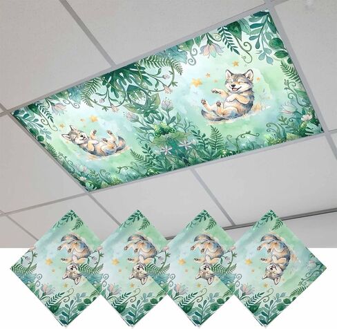 Fluorescent Light Covers, Cartoon Wolf Magnetic Light Covers for Ceiling Lights, Summer Flowers Tropical Palm Green Plants Fluorescent Ceiling Shade Filters for Classroom Bedroom Office 4x2Ft x 3PCS in Kuwait