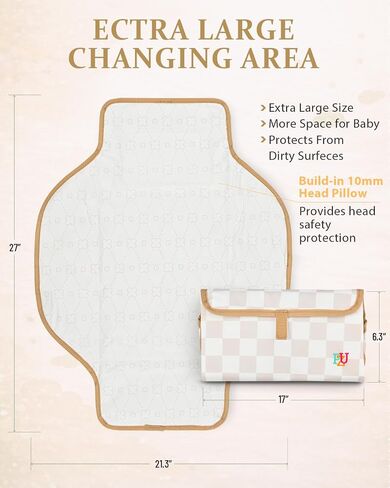 PZU Portable Diaper Changing Pad - Waterproof Travel Changing Mat with Built-in Pillow, Gifts for Baby Shower, Newborn Girls & Boys（Beige Checkers） in Kuwait