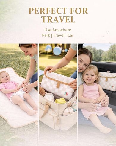 PZU Portable Diaper Changing Pad - Waterproof Travel Changing Mat with Built-in Pillow, Gifts for Baby Shower, Newborn Girls & Boys（Beige Checkers） in Kuwait