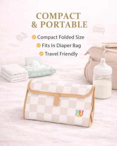 PZU Portable Diaper Changing Pad - Waterproof Travel Changing Mat with Built-in Pillow, Gifts for Baby Shower, Newborn Girls & Boys（Beige Checkers） in Kuwait
