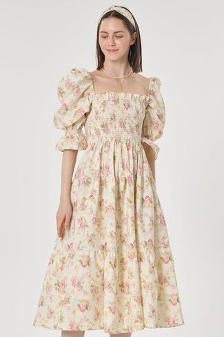FULLMUNN Baby Shower Maternity Gown, Women’s Cotton Classic Mary Smocked Nursing Dress, Short Puffed Sleeves, Off Shoulder, Square Neckline, Shirred Bust, Calf-Length, Vintage Rose, SM in Kuwait