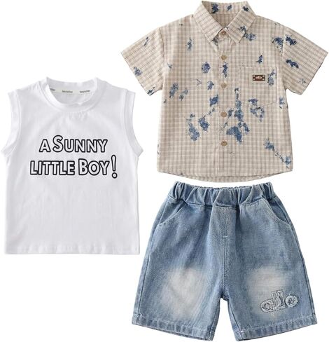JQT Toddler Boys 3-Piece Summer Outfit, Plaid Graffiti Shirt, Letter Tee and Distressed Denim Shorts Set in Kuwait