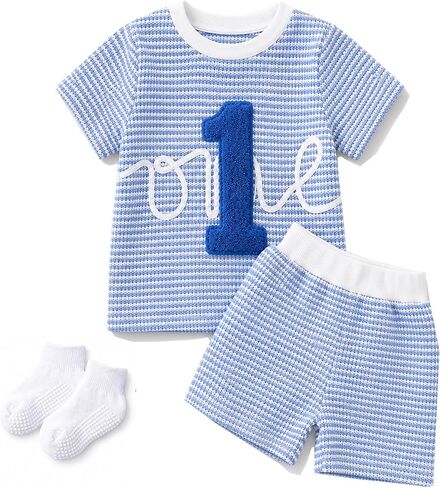 Baby Boy 1st Birthday Outfit – Waffle Knit Embroidered One Shorts Set First Birthday Outfit Boy Summer Clothes 12-18M in Kuwait
