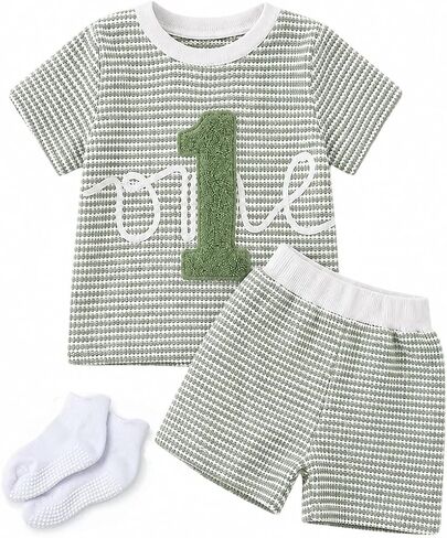Baby Boy 1st Birthday Outfit – Waffle Knit Embroidered One Shorts Set First Birthday Outfit Boy Summer Clothes 12-18M in Saudi Arabia