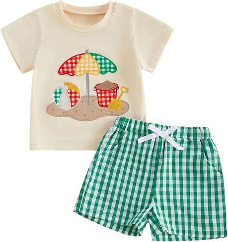 Baby Boy Clothes Summer Beach Embroidery Tops Plaid Drawstring Shorts Baby Boy Shorts Set Toddler Boy Outfits in Kuwait
