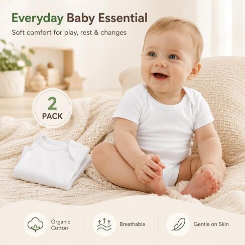 Baby Bodysuits 100% Organic Cotton, Unisex Short Sleeve Newborn Essentials, Ultra Soft Layette, 0-24 Months in Kuwait