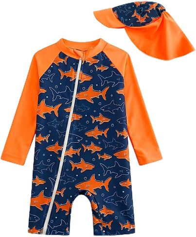 JiAmy Baby Boy Rash Guard Swimsuit, Long Sleeve One Piece Bathing Suit, Infant Toddler Swimwear with Sun Hat, 3M-3T in Kuwait