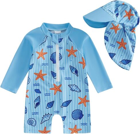 Toddler Baby Boys Swimsuit Rash Guard One Piece Zipper Bathing Suit Swimwear with Hat Sun Protection Sunsuit in Kuwait