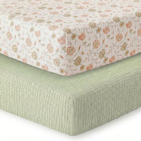 2 Pack Muslin Crib Sheets for Girl - Neutral Fitted Baby Crib Sheets for Standard Toddler Crib Mattress - 52" x 28" Soft Breathable Cotton Baby Bed Sheets - Dusty Pink & Floral in Kuwait