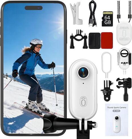 4K Mini Thumb Action Camera 64G Waterproof Magnetic Sport Camera with Helmet Bike Mount, Vlog Camera for Cycling Motorcycle Swimming（White） in Kuwait