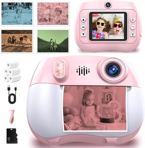 Kids Camera Instant Print 1080P Front Rear Dual Selfie - Toddler Cameras with Digital Video Games,32GB & 5-Colored Print Paper/ 250 Photos,Easy to Use & Great Toys Gifts for Boys Girls, Ages 3-12 in Kuwait