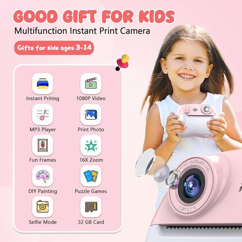 Kids Camera Instant Print 1080P Front Rear Dual Selfie - Toddler Cameras with Digital Video Games,32GB & 5-Colored Print Paper/ 250 Photos,Easy to Use & Great Toys Gifts for Boys Girls, Ages 3-12 in Kuwait