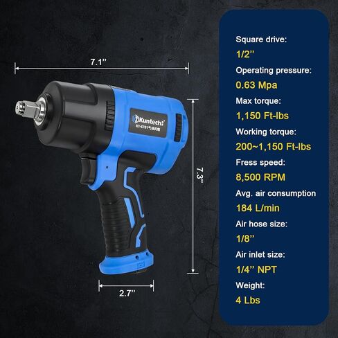1/2 Air Impact Wrench, 1150 Ft-Lbs 8500 RPM High Torque Impact Gun, Pneumatic Impact Wrench with Double Hammer Mechanism, Lightweight 3-Speed Adjustable Air Impact Gun, with Accessories in Kuwait