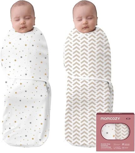 Momcozy Newborn Swaddle Sack, Two-Step Adjustable Baby Swaddle with Whisper-Quiet Fastener, Sleep Sack for 0-3 Months, 2-Pack, Stars in Kuwait