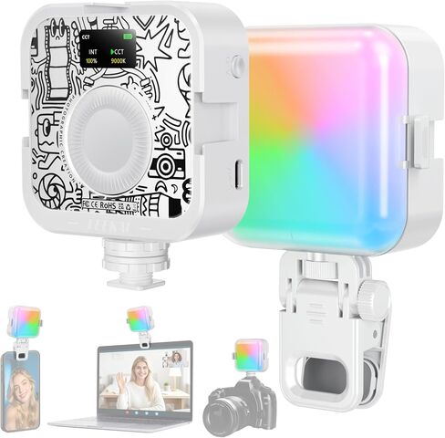 Leekai RGB Video Light with Clip & 3 Cold Shoe for Phone & Laptop, 360° Full Color LED Camera Light, CRI95+ Dimmable 2500K-9000K, 2000mAh Rechargeable Photography Lighting, Support Magnetic Attraction in Kuwait