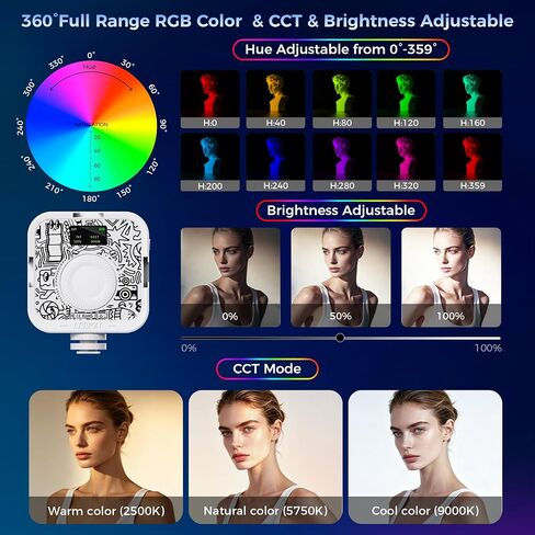 Leekai RGB Video Light with Clip & 3 Cold Shoe for Phone & Laptop, 360° Full Color LED Camera Light, CRI95+ Dimmable 2500K-9000K, 2000mAh Rechargeable Photography Lighting, Support Magnetic Attraction in Kuwait