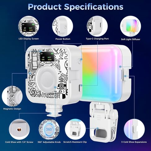 Leekai RGB Video Light with Clip & 3 Cold Shoe for Phone & Laptop, 360° Full Color LED Camera Light, CRI95+ Dimmable 2500K-9000K, 2000mAh Rechargeable Photography Lighting, Support Magnetic Attraction in Kuwait