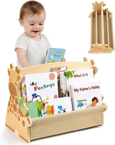Toddler Bookshelf Double-Sided with 4 Tier Deep Sleeves Kids Wooden Montessori Book Rack for Baby Nursery Room, Playroom, Classroom or Bedroom Bookcase Storage Organizer, Light Wood Giraffe in Kuwait