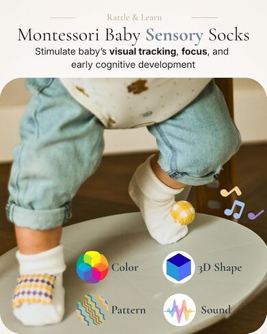 Cuddobaby Montessori Baby Rattle Socks |Oeko-TEX| 0-12M, 2 Pack | High Contrast Sensory, Cause & Effect, Color, Pattern, Shape Learning, Soft & Breathable, Yellow & Purple in Kuwait
