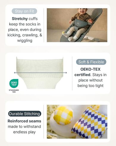 Cuddobaby Montessori Baby Rattle Socks |Oeko-TEX| 0-12M, 2 Pack | High Contrast Sensory, Cause & Effect, Color, Pattern, Shape Learning, Soft & Breathable, Yellow & Purple in Kuwait