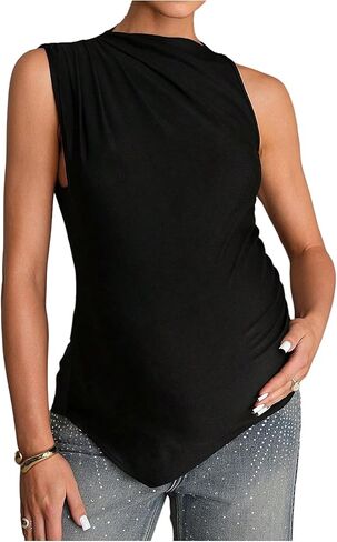 MakeMeChic Women's Maternity Blouses Summer Sleeveless Ruched Mock Neck Work Office Asymmetrical Tops in Kuwait