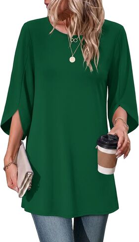 OFEEFAN Womens Tunic Tops to Wear with Leggings 3/4 Length Sleeve Boho Tops | Fall Clothes, Business Casual Outfits, Crew Neck T Shirts, Curved Hem in Kuwait