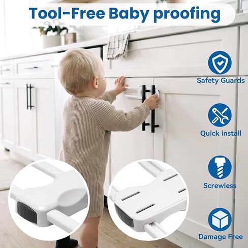Cabinet Locks Baby Proofing,10 Pack Sliding Child Proof Cabinet Locks,Adjustable U Shaped Child Locks for Cabinets and Drawers (White) in Kuwait
