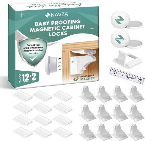 NAVZA® 12 Pack Magnetic Cabinet Locks Baby Proofing Set, Child Proof Cabinet Locks for Kitchen Cabinets, Drawers and Cupboards, 12 Hidden Adhesive Baby Proof Cabinet Locks with 2 Keys in Kuwait