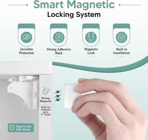NAVZA® 12 Pack Magnetic Cabinet Locks Baby Proofing Set, Child Proof Cabinet Locks for Kitchen Cabinets, Drawers and Cupboards, 12 Hidden Adhesive Baby Proof Cabinet Locks with 2 Keys in Kuwait