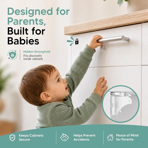 NAVZA® 12 Pack Magnetic Cabinet Locks Baby Proofing Set, Child Proof Cabinet Locks for Kitchen Cabinets, Drawers and Cupboards, 12 Hidden Adhesive Baby Proof Cabinet Locks with 2 Keys in Kuwait