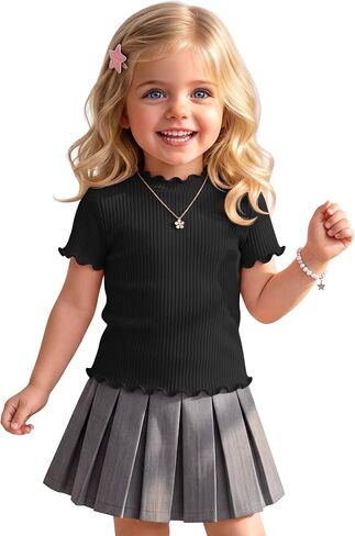 Toddler Girls' Short Sleeve Shirts Lettuce Trim Ribbed T Shirts Baby Crew Neck Slim Fit Tees Summer Cute Tops 18M-5T in Kuwait