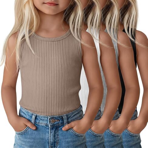 4 Pack Toddler Girls Cotton Tank Tops | for Baby, Ribbed, Sleeveless Undershirts, Summer, Crew Neck, Basic Shirts, Kids, 18M-5T, for Athletic School Vacation in Kuwait