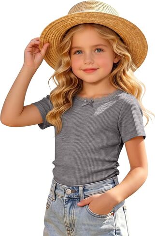Toddler Girl T-Shirts Cotton Short Sleeve Baby Side Ruched Lace Trim Bow Ribbed Top Crewneck Summer Tees 18M-5T in Kuwait
