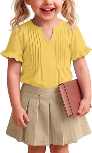 Ficerd Toddler Girls Ruffle Puff Sleeve Blouse School Uniform Short Sleeve Tunic Top Baby Girls Summer Casual Shirt 18M-5T in Kuwait